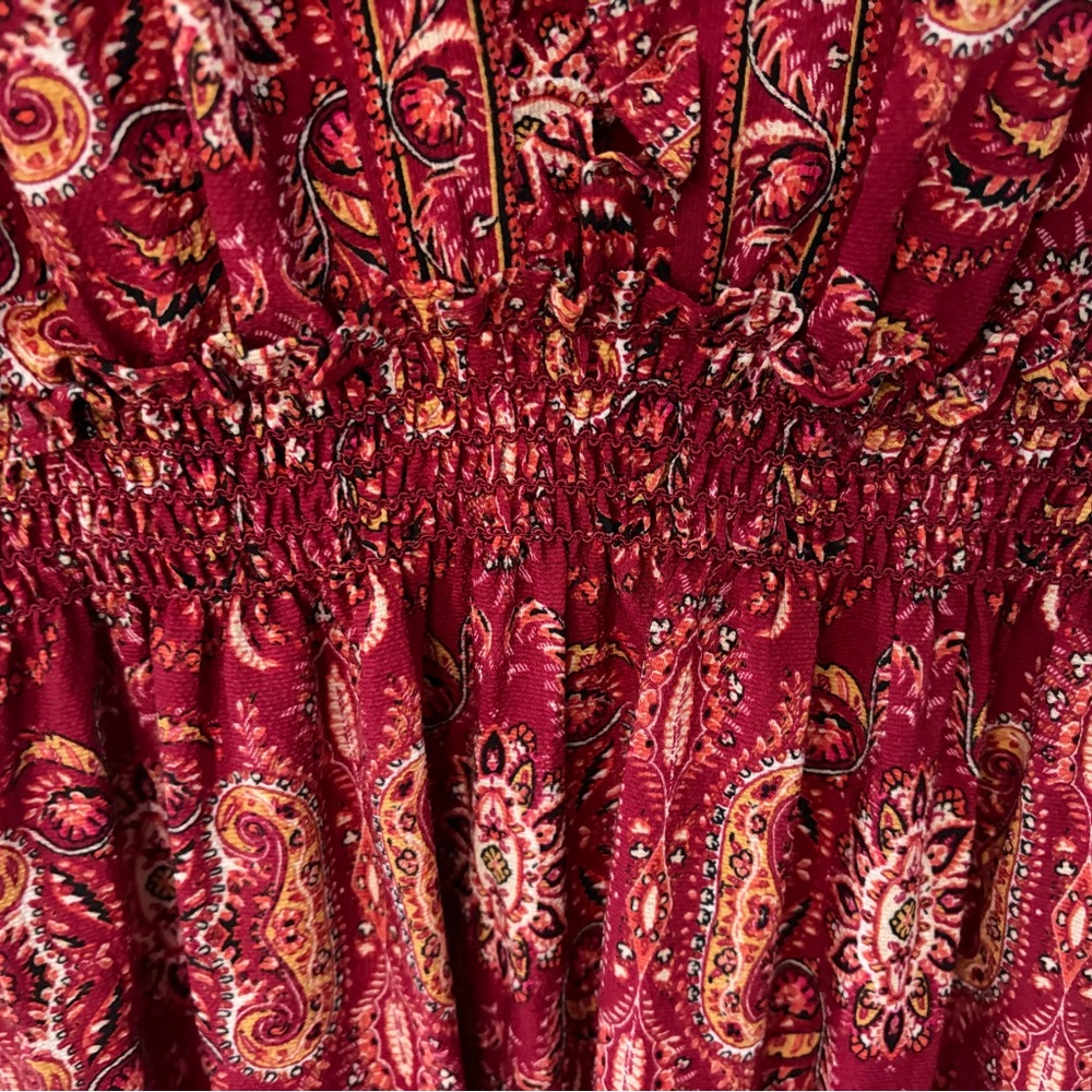 Red Paisley Maxi Dress women’s small V Neck tiered unlined ruffle smocked waist - Picture 3 of 8